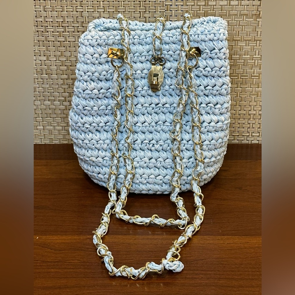 VTG 1960s-70s Light Blue Woven Crochet Shoulder Bag by River Trader Japan